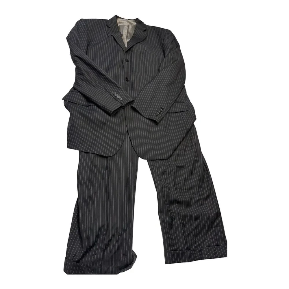 Linea Uomo 3 Pc Wool Suit 46L 40W Charcoal Gray Pinstripe Vest Dress Formal